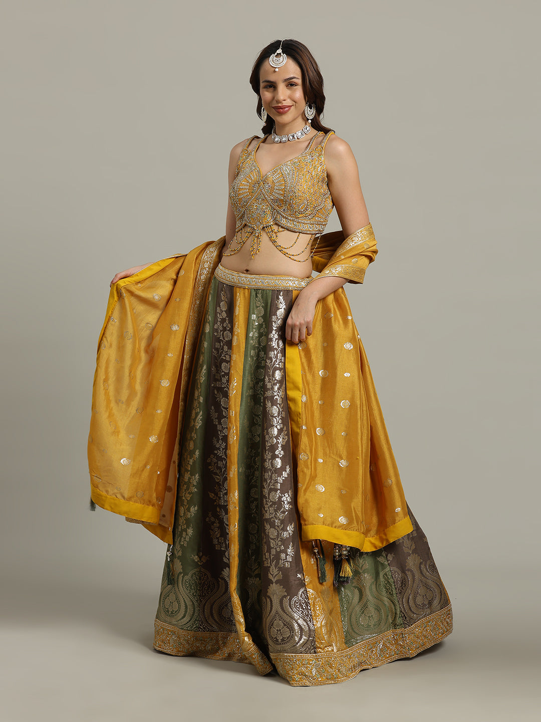 Embroidered Banarasi Choli With Lehenga &amp; Dupatta