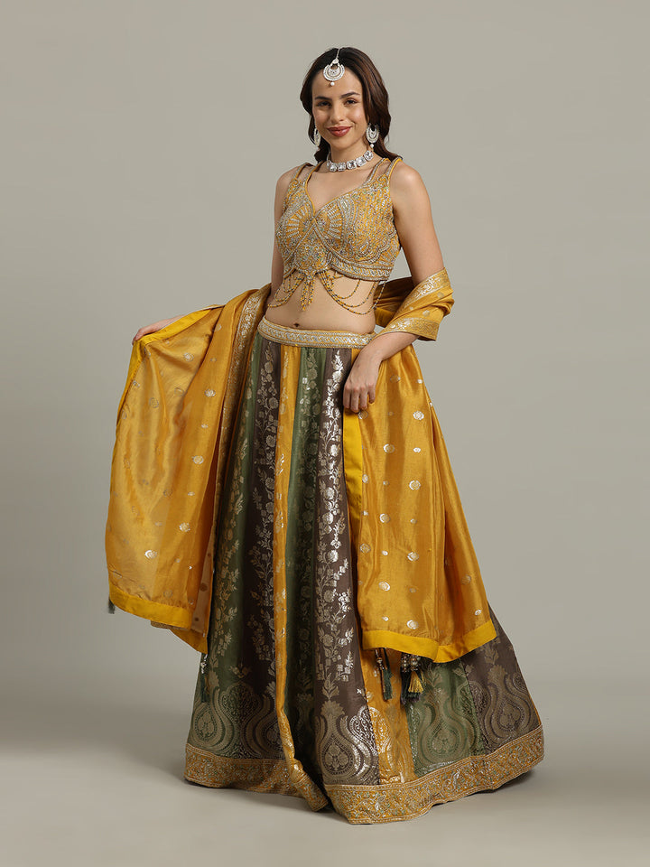 Embroidered Banarasi Choli With Lehenga &amp; Dupatta
