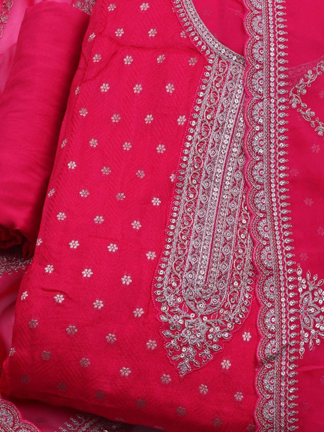 Neck Embroidered Chanderi Unstitched Suit With Dupatta