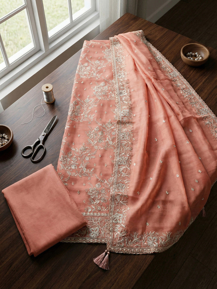 Embroidered Tissue Unstitched Suit With Pant &amp; Dupatta