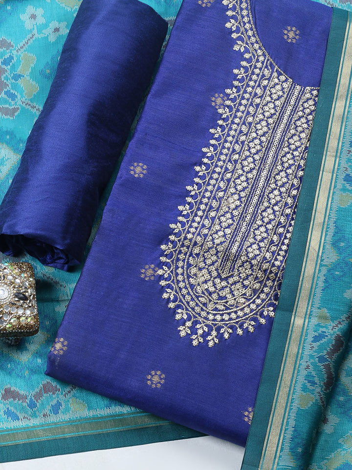 Embroidered Chanderi Unstitched Suit With Pant &amp; Dupatta