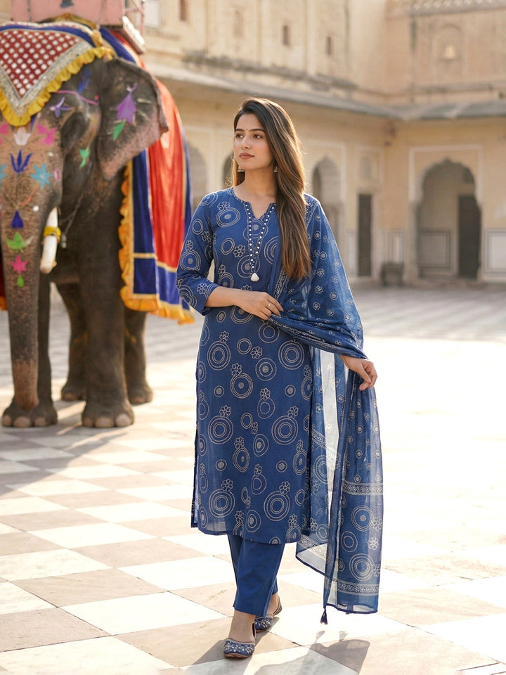 Blue Cotton Blend Printed Straight Suit Set
