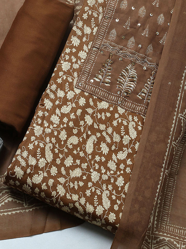 Printed Cotton Blend Unstitched Suit With Pant &amp; Dupatta