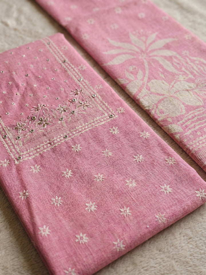Printed Chanderi Unstitched Suit With Pant &amp; Dupatta