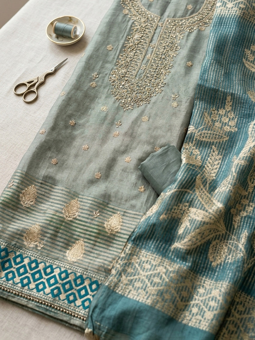 Embroidered Tissue Unstitched Suit With Pant &amp; Dupatta