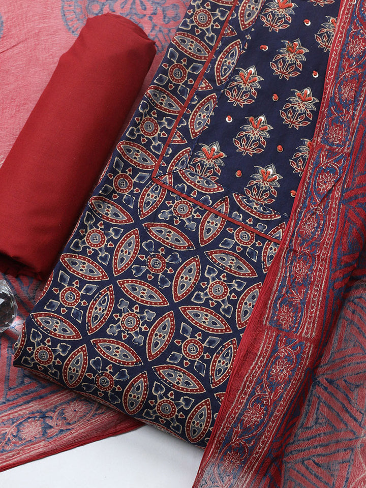 Printed Cotton Blend Unstitched Suit With Pant &amp; Dupatta