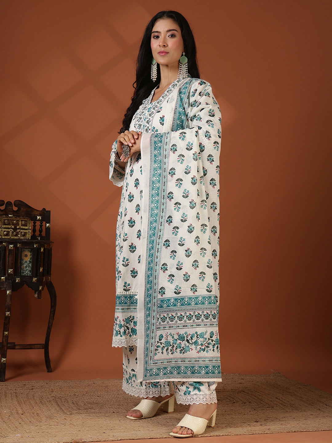 Printed Cotton Blend Kurta With Pant &amp; Dupatta