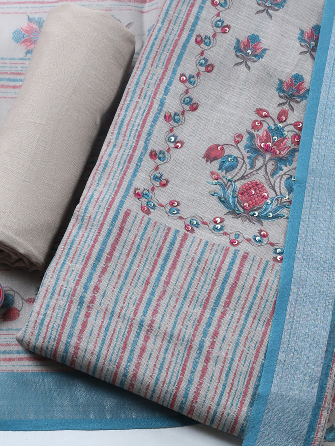 Printed Linen Blend Unstitched Suit With Pant &amp; Dupatta