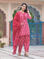 Printed Cotton Blend Kurta With Pants & Dupatta