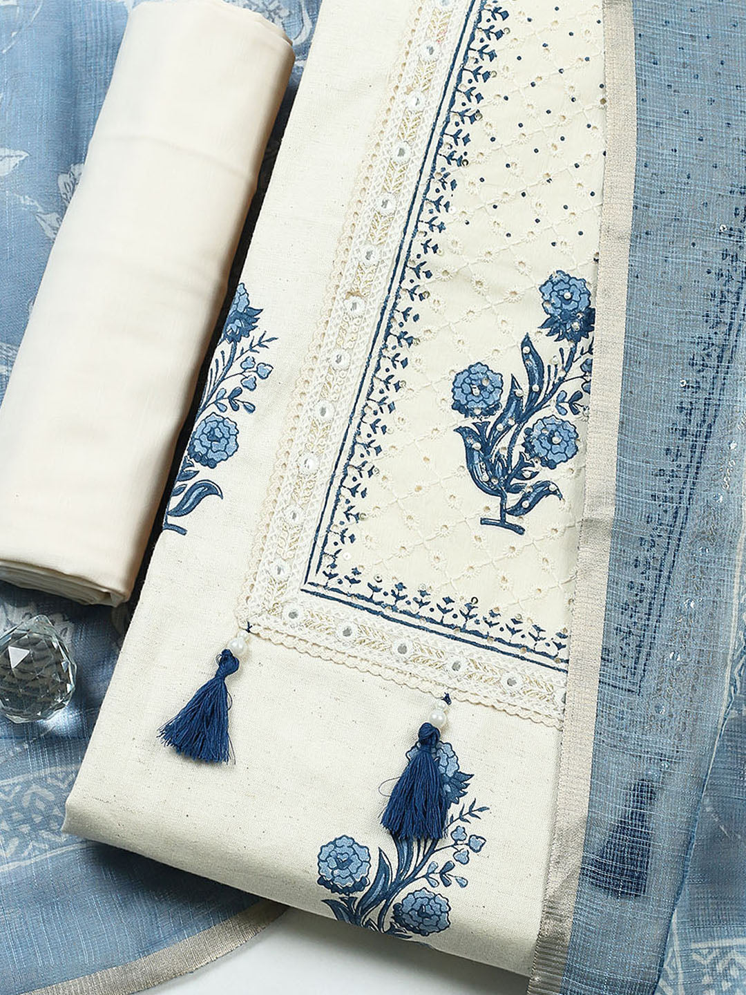 Printed Cotton Blend Unstitched Suit With Pant Dupatta
