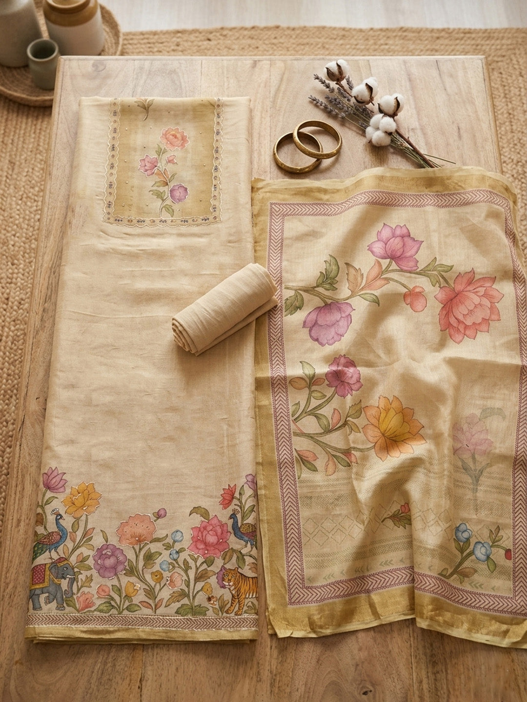 Embroidered Linen Blend Unstitched Suit With Pant &amp; Dupatta