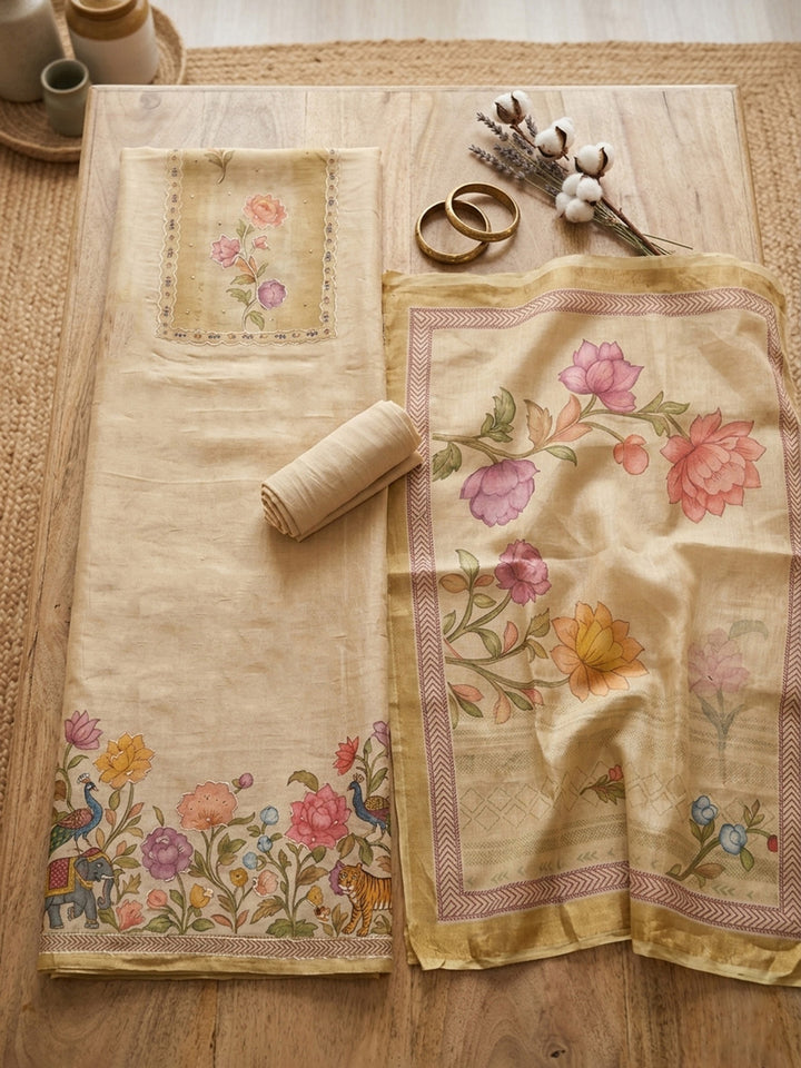 Embroidered Linen Blend Unstitched Suit With Pant &amp; Dupatta