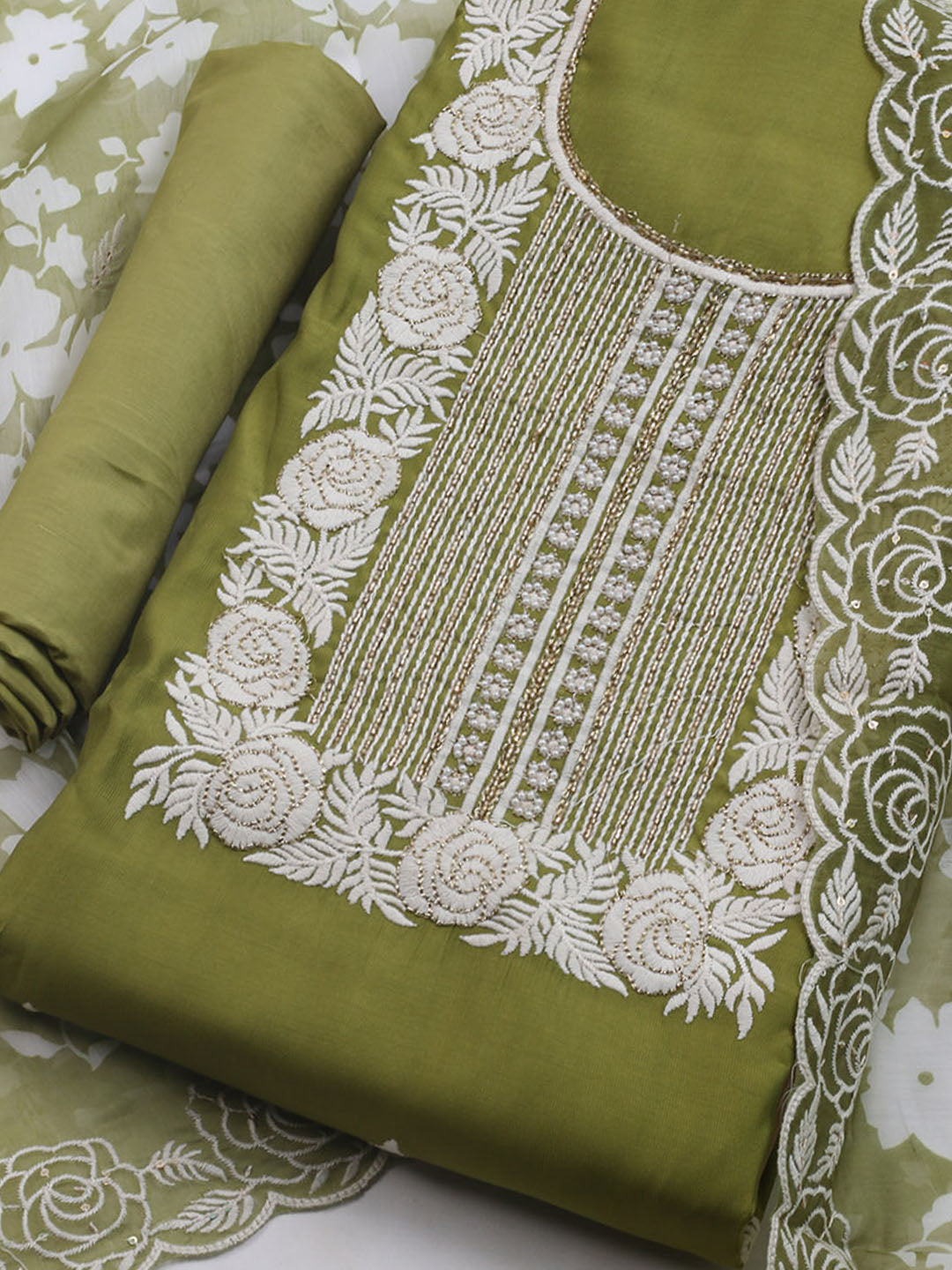 Neck Embroidered Chanderi Unstitched Suit With Dupatta