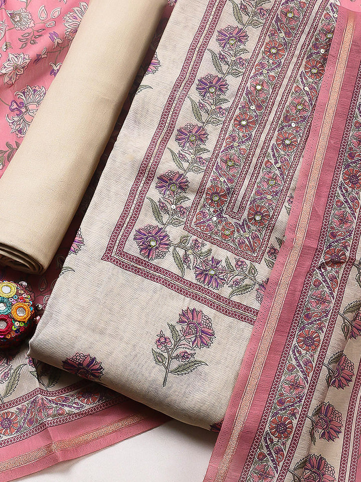 Printed Chanderi Unstitched Suit With Pant &amp; Dupatta