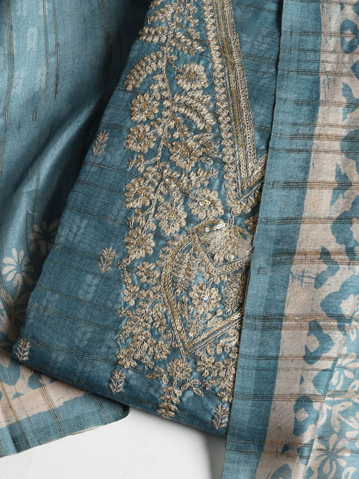 Neck Embroidered Chanderi Unstitched Suit With Dupatta