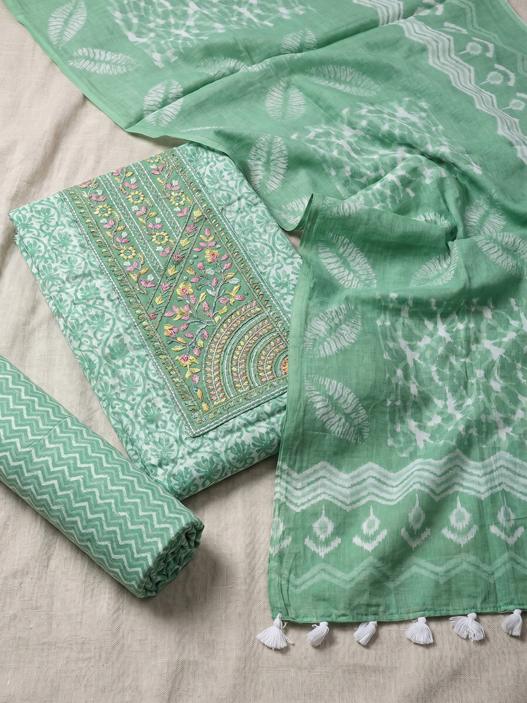 Printed Cotton Blend Unstitched Suit With Pant &amp; Dupatta