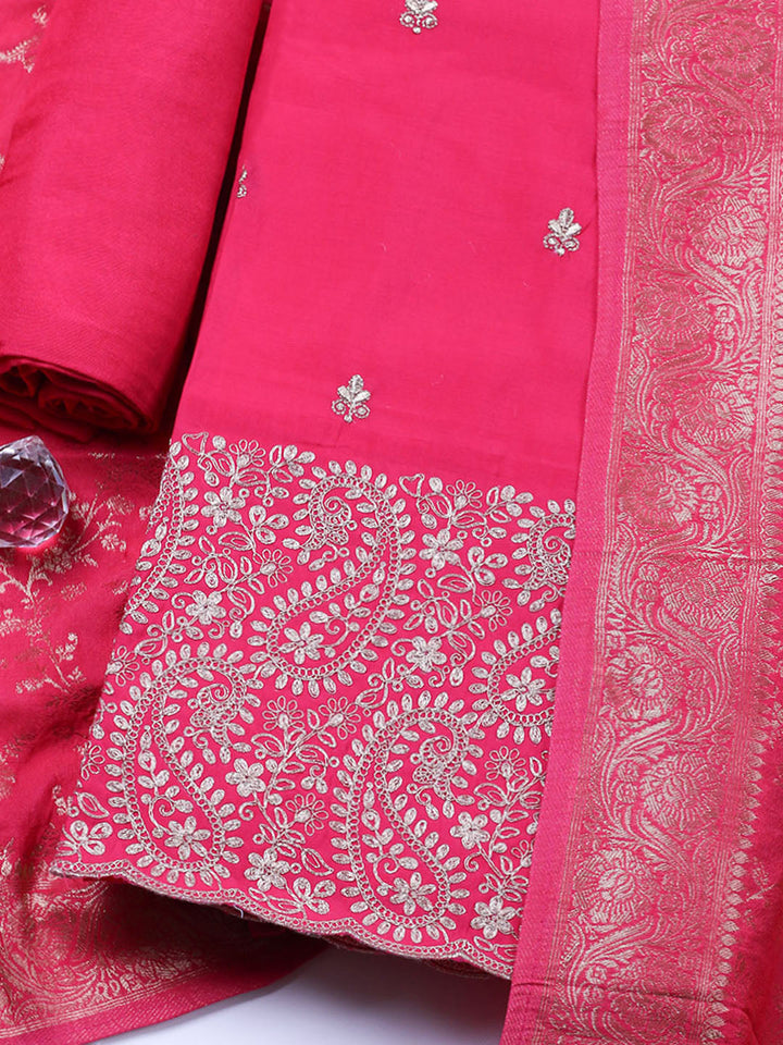 Woven Design Chanderi Unstitched Suit With Pant &amp; Dupatta