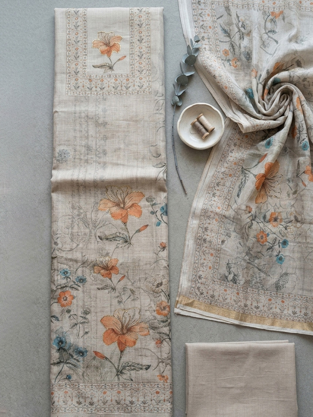 Printed Linen Blend Unstitched Suit With Pant &amp; Dupatta