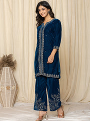 Zari Neck Embroidered Velvet Kurta With Pants