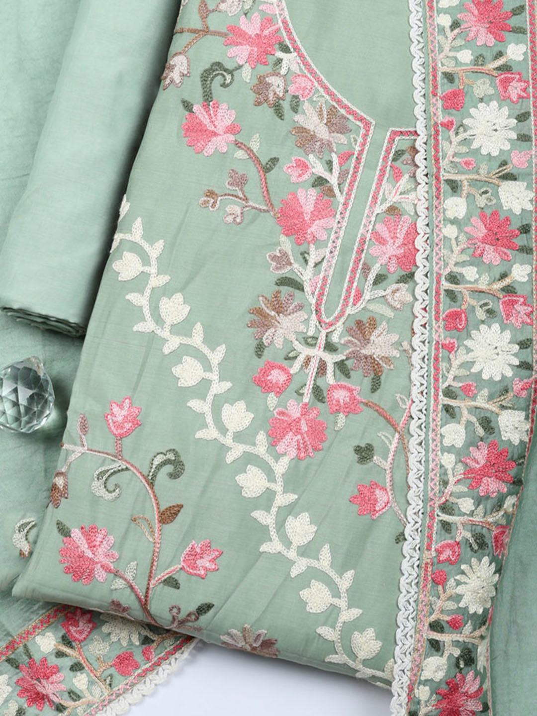 Embroidered Chanderi Unstitched Suit With Pant &amp; Dupatta
