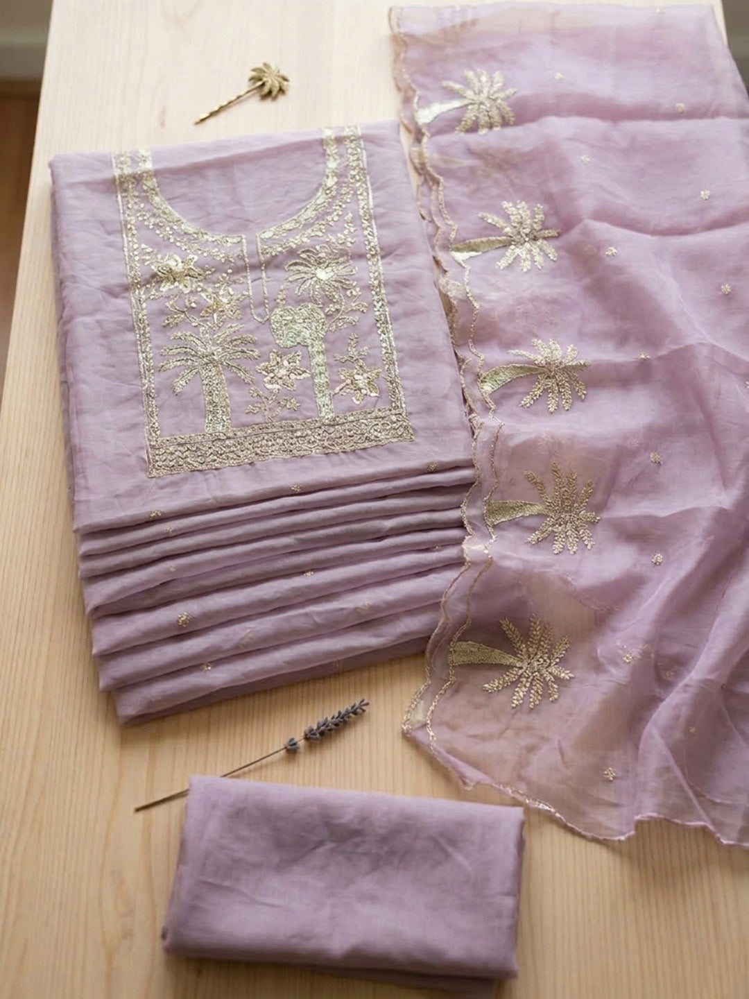 Embroidered Chanderi Unstitched Suit With Pant &amp; Dupatta
