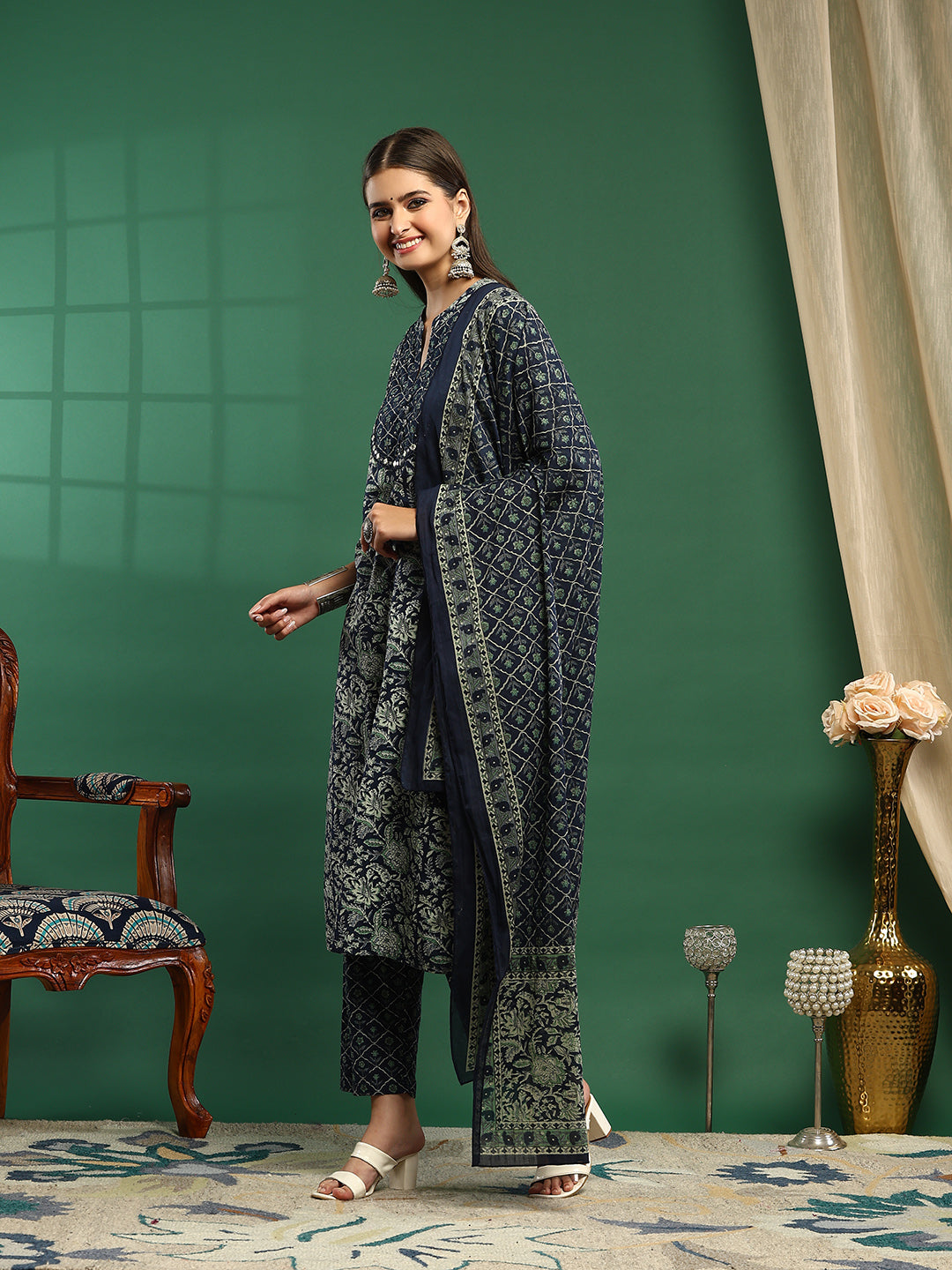Printed Cotton Blend Kurta With Pant &amp; Dupatta