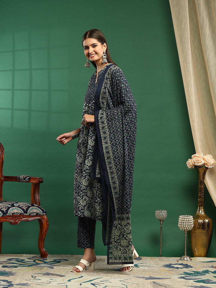Printed Cotton Blend Kurta With Pant &amp; Dupatta