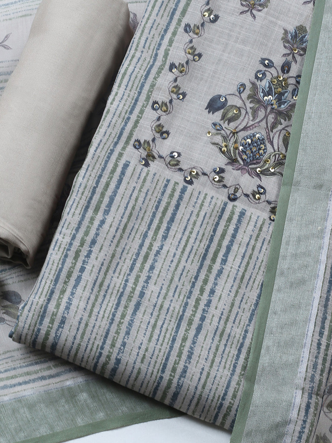 Printed Linen Blend Unstitched Suit With Pant &amp; Dupatta