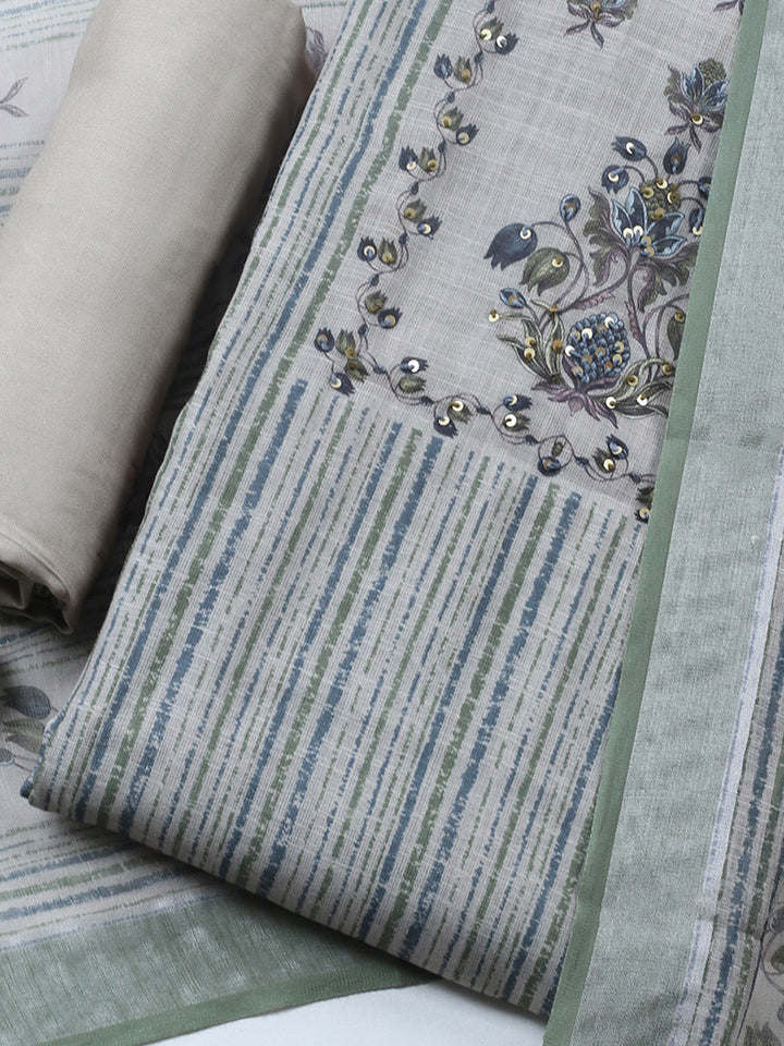 Printed Linen Blend Unstitched Suit With Pant &amp; Dupatta
