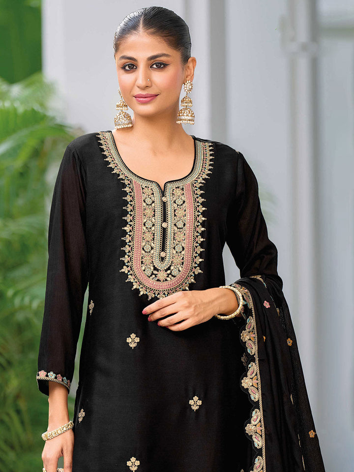Embroidered Chinon Kurta With Plazzo &amp; Dupatta