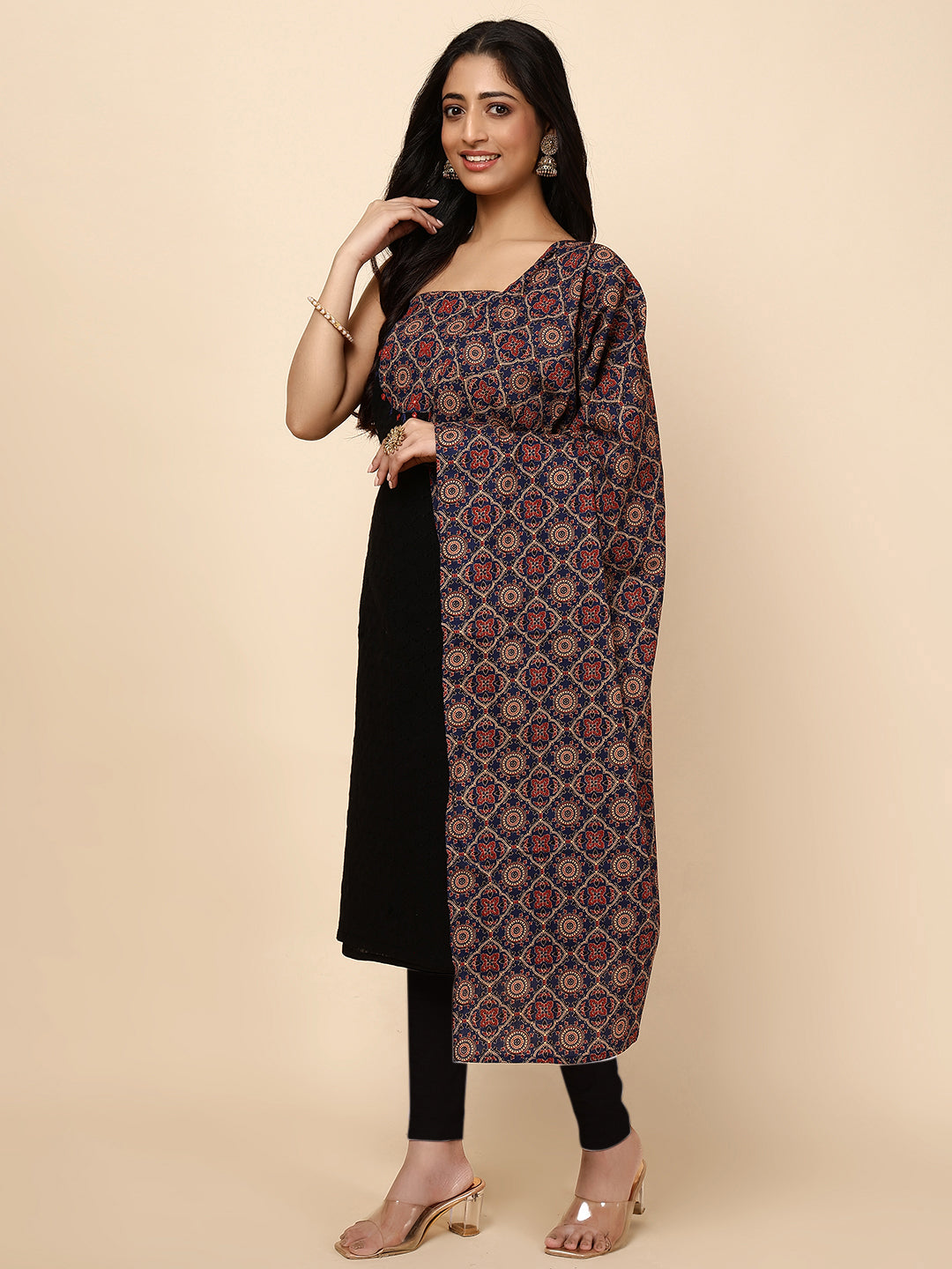 Neck Patti Cotton Blend Unstitched Suit With Dupatt