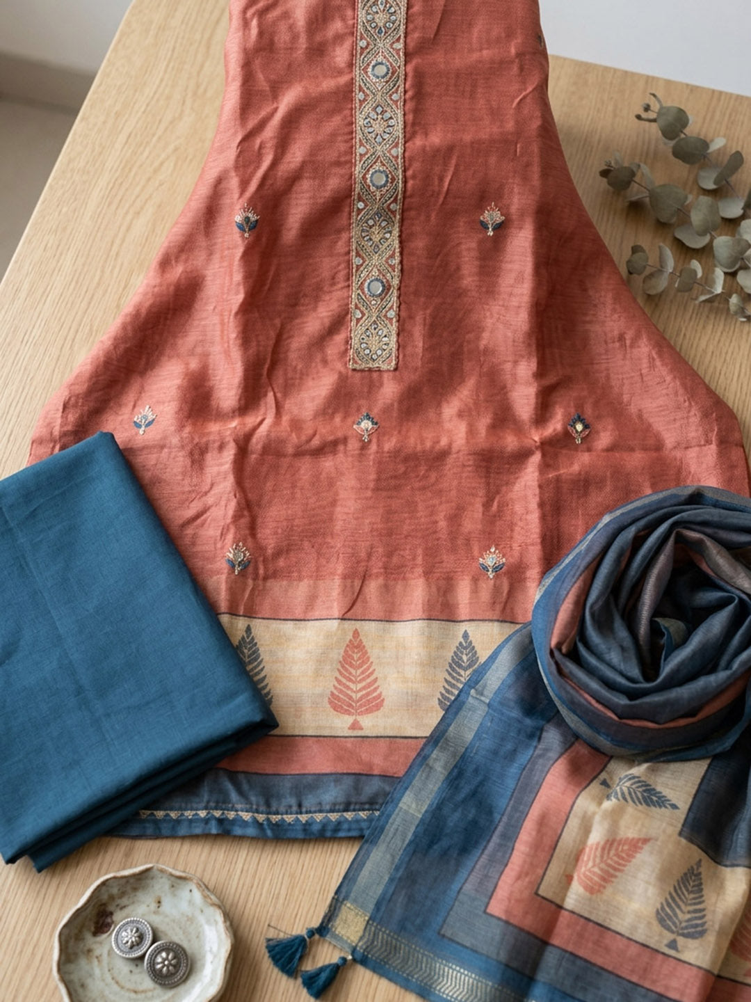 Embroidered Chanderi Unstitched Suit With Pant &amp; Dupatta