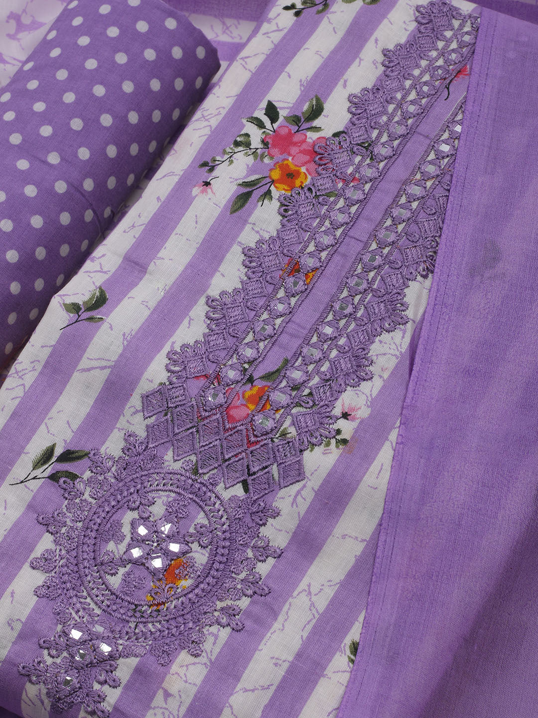 Patch Neck Cotton Blend Unstitched Suit With Dupatta