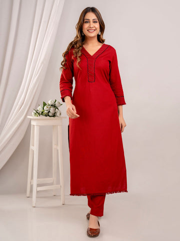 Neck Embroidery Cotton Kurta With Pants & Dupatta