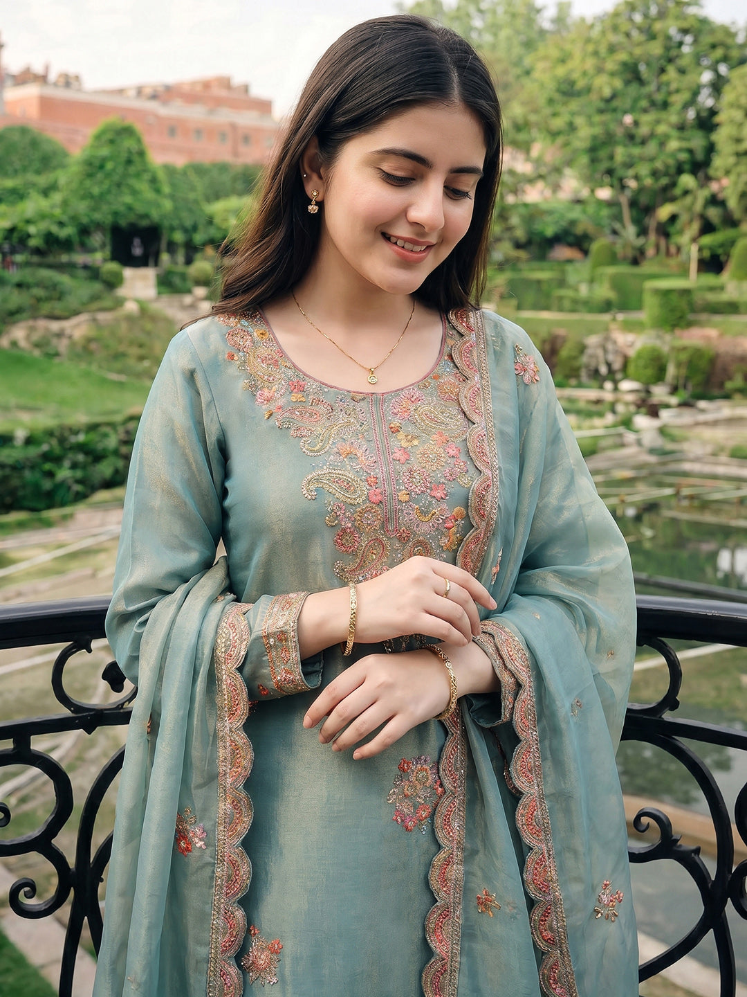 Embroidered Tissue Suit Set With Dupatta