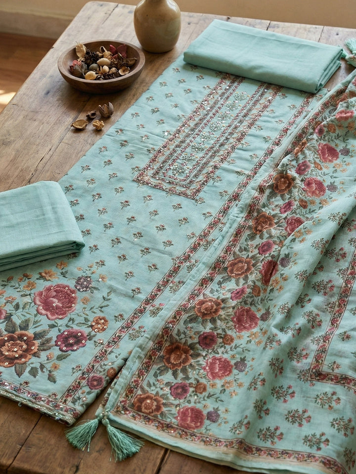 Embroidered Cotton Blend Unstitched Suit With Pant &amp; Dupatta