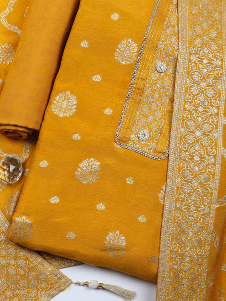 Embroidered Chanderi Unstitched Suit With Pant &amp; Dupatta