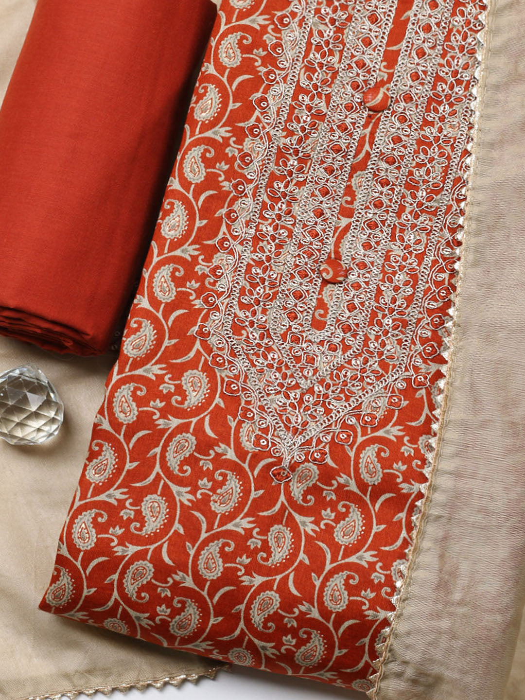 Embroidered Cotton Unstitched Suit With Pant &amp; Dupatta
