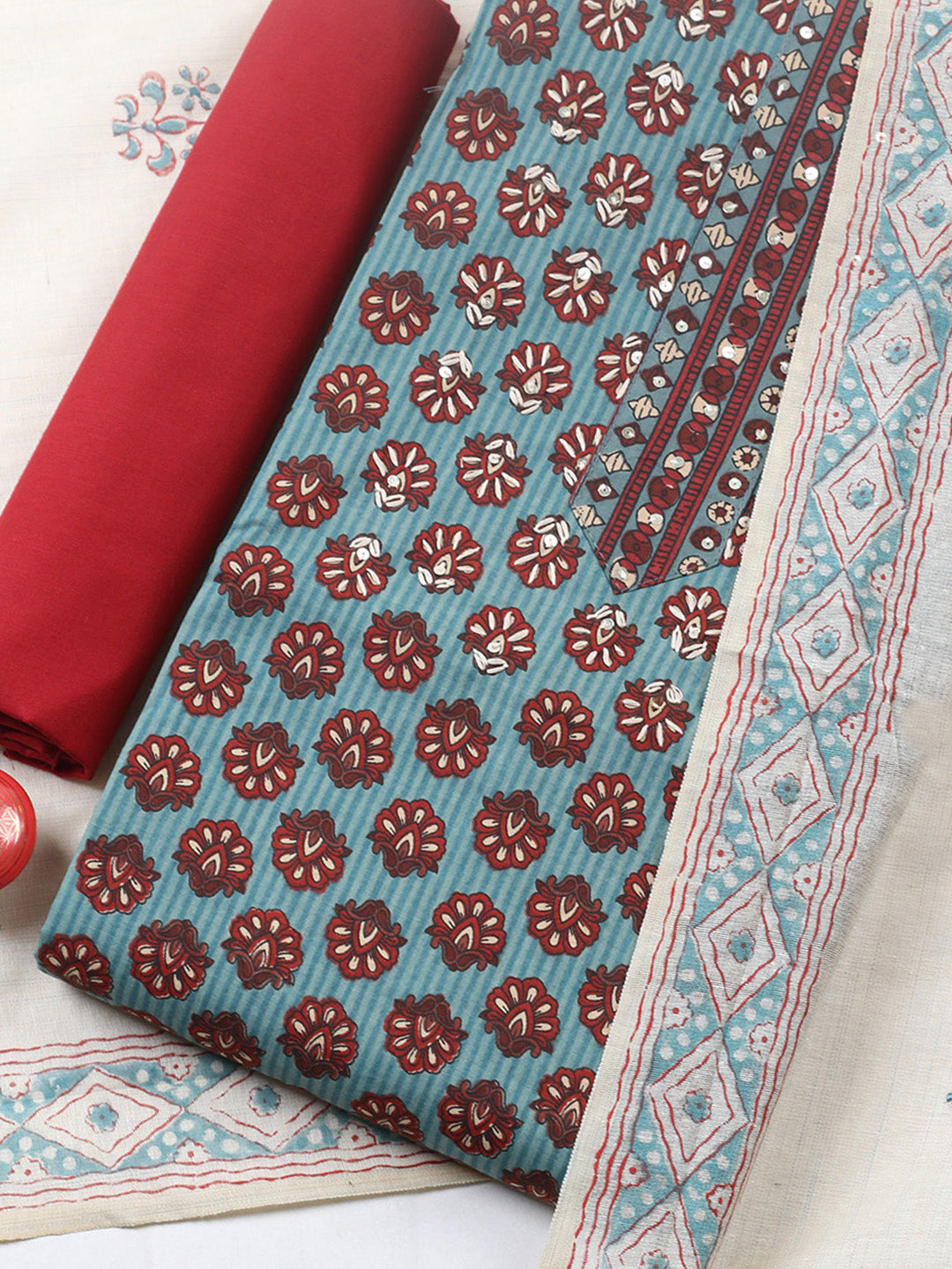 Printed Cotton Blend Unstitched Suit With Pant &amp; Dupatta