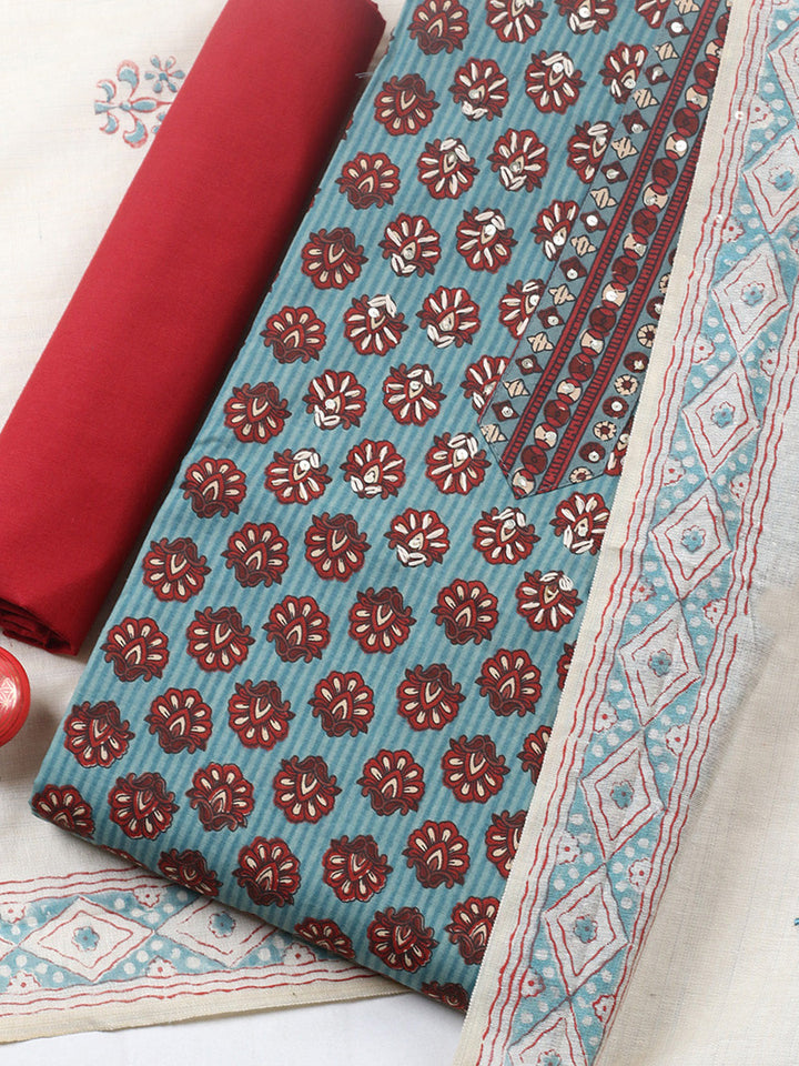 Printed Cotton Blend Unstitched Suit With Pant &amp; Dupatta