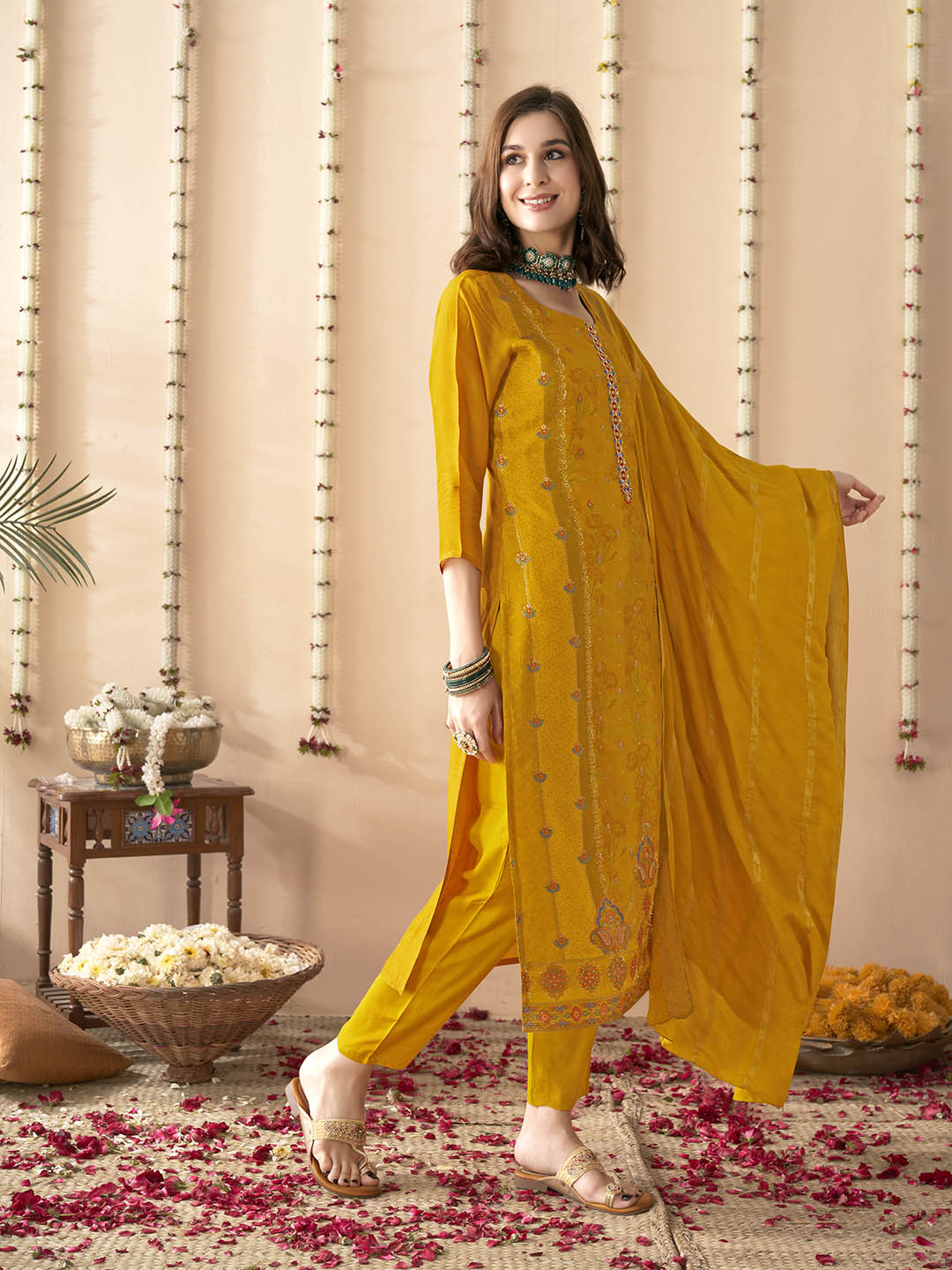 Embroidered Silk Kurta With Pant &amp; Dupatta