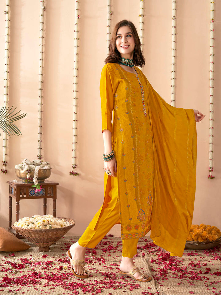 Embroidered Silk Kurta With Pant &amp; Dupatta