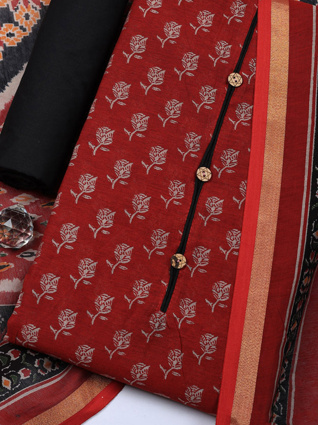 Embroidered Cotton Blend Unstitched Suit With Pant &amp; Dupatta