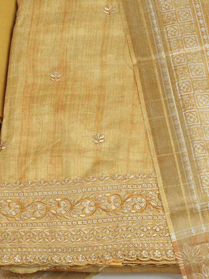 Embroidered Chanderi Unstitched Suit With Pant &amp; Dupatta
