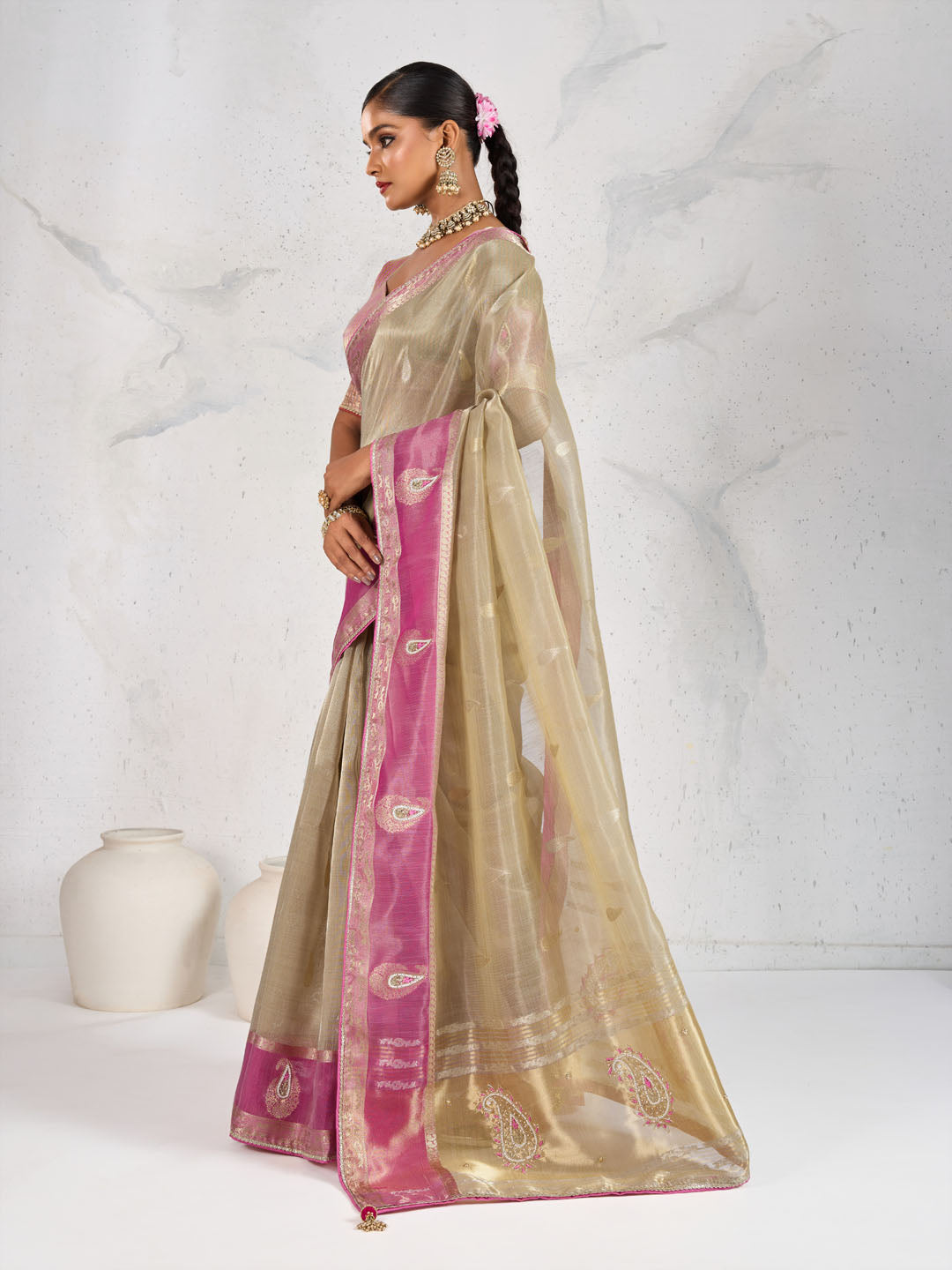 Embroidered Tissue Linen Saree