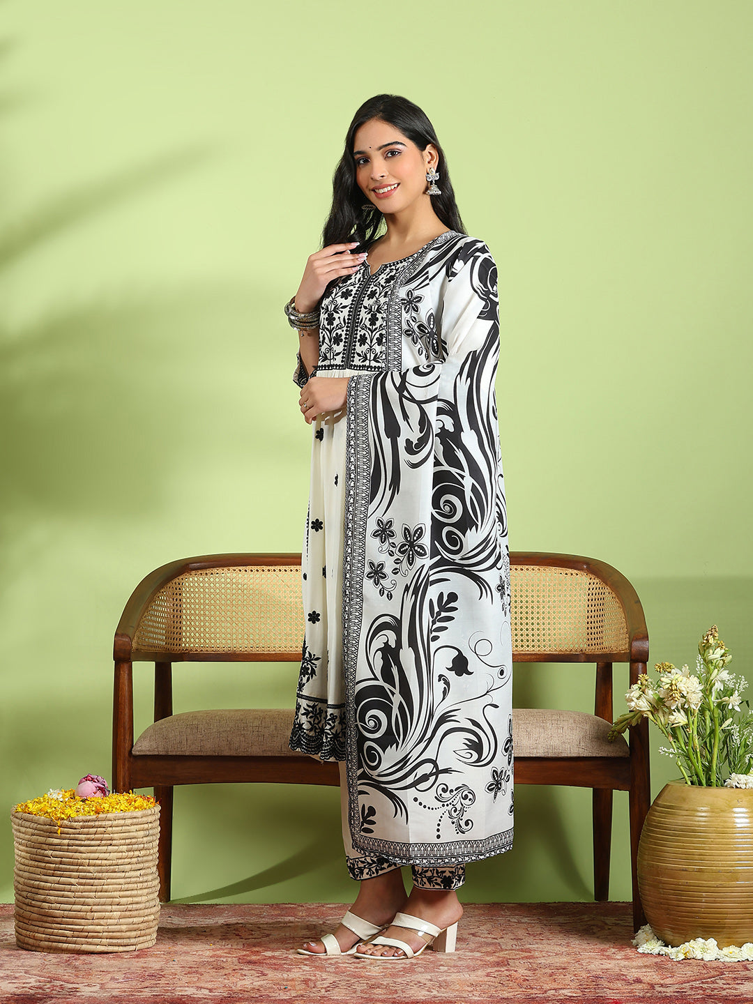 Embroidered Cotton Kurta With Pant &amp; Dupatta
