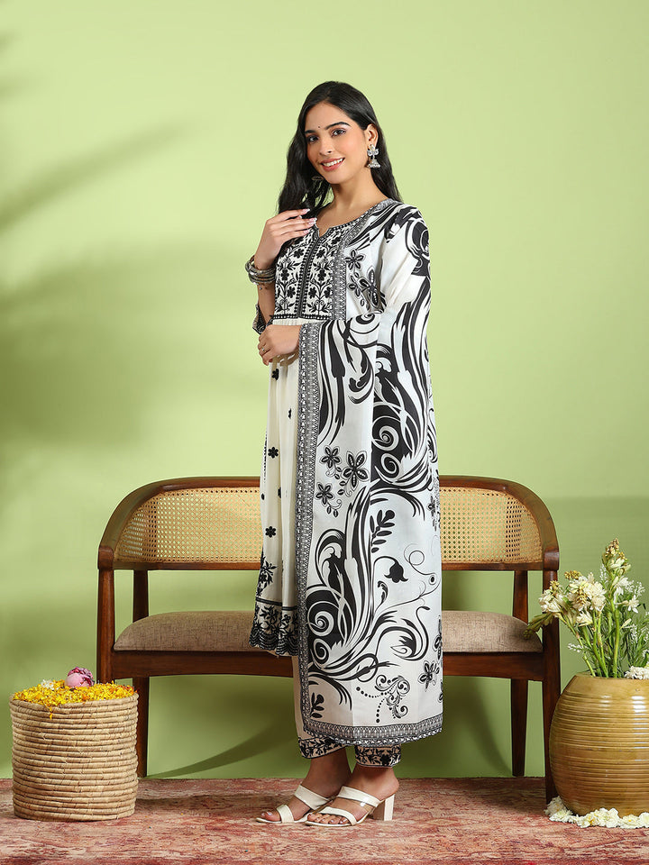 Embroidered Cotton Kurta With Pant &amp; Dupatta