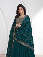 Embroidered Silk A Line Gown With Dupatta