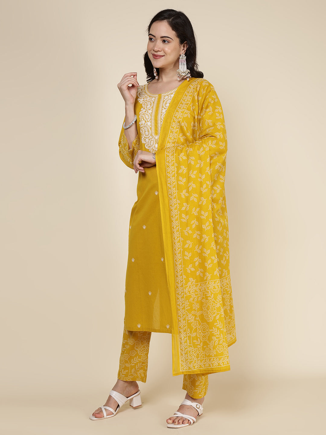Embroidered Cotton Blend Kurta With Pants &amp; Dupatta