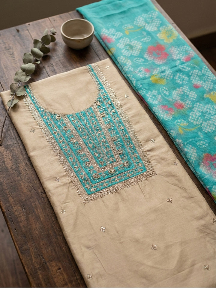 Embroidered Chanderi Unstitched Suit With Pant &amp; Dupatta